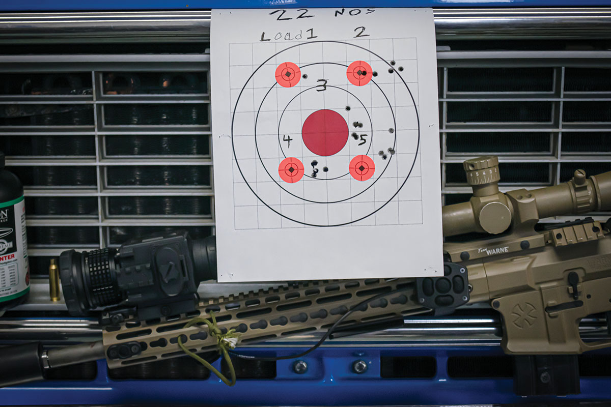 Handloads were worked up for the AR-15 in 22 Nosler and after some experimenting, a good load was found using H-4895 powder and the Hornady 75-grain BTHP.